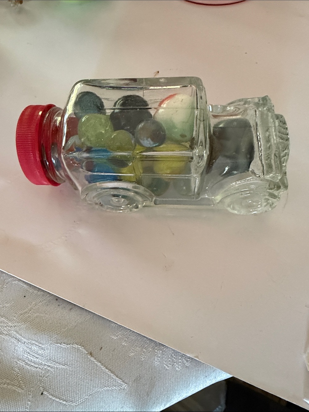 Clear Glass Car Jar with Red Cap and vintage Colorful Marbles uranium glass